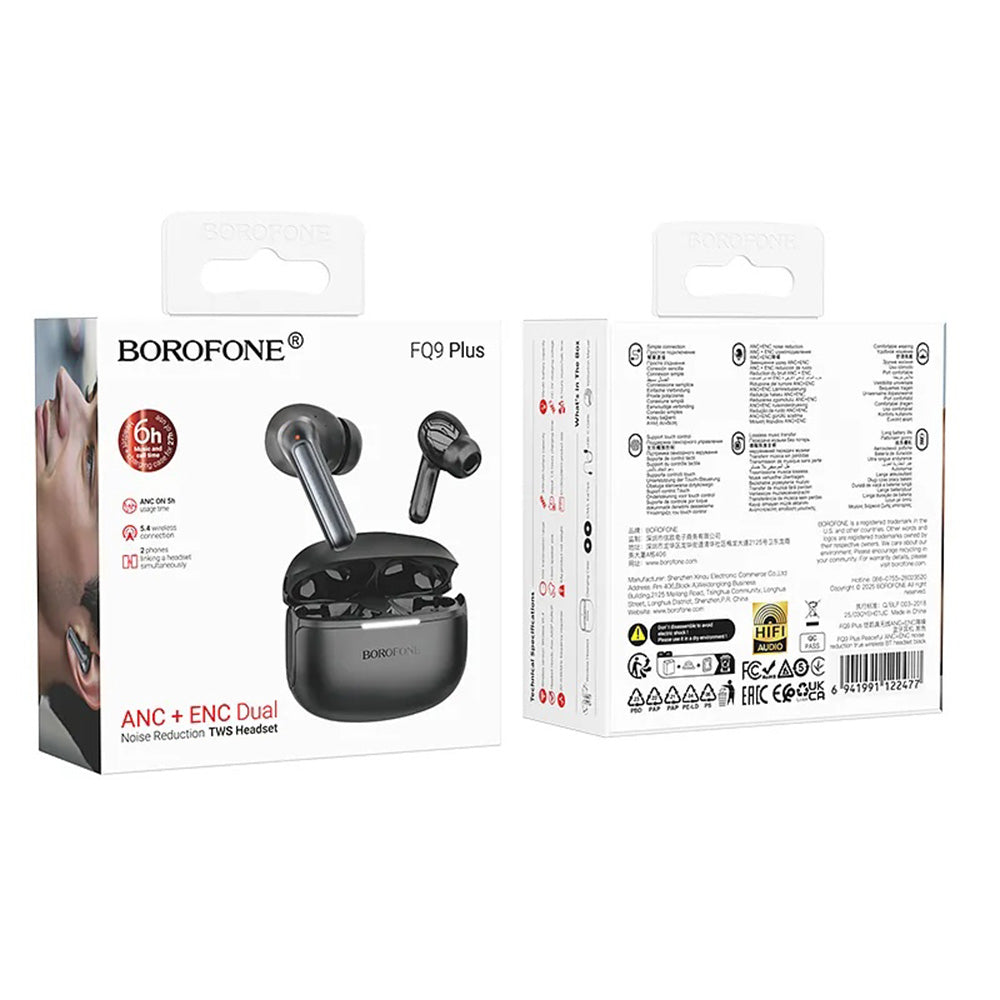 Handsfree Bluetooth Borofone FQ9 Plus Peaceful, TWS, ANC, Μαύρο