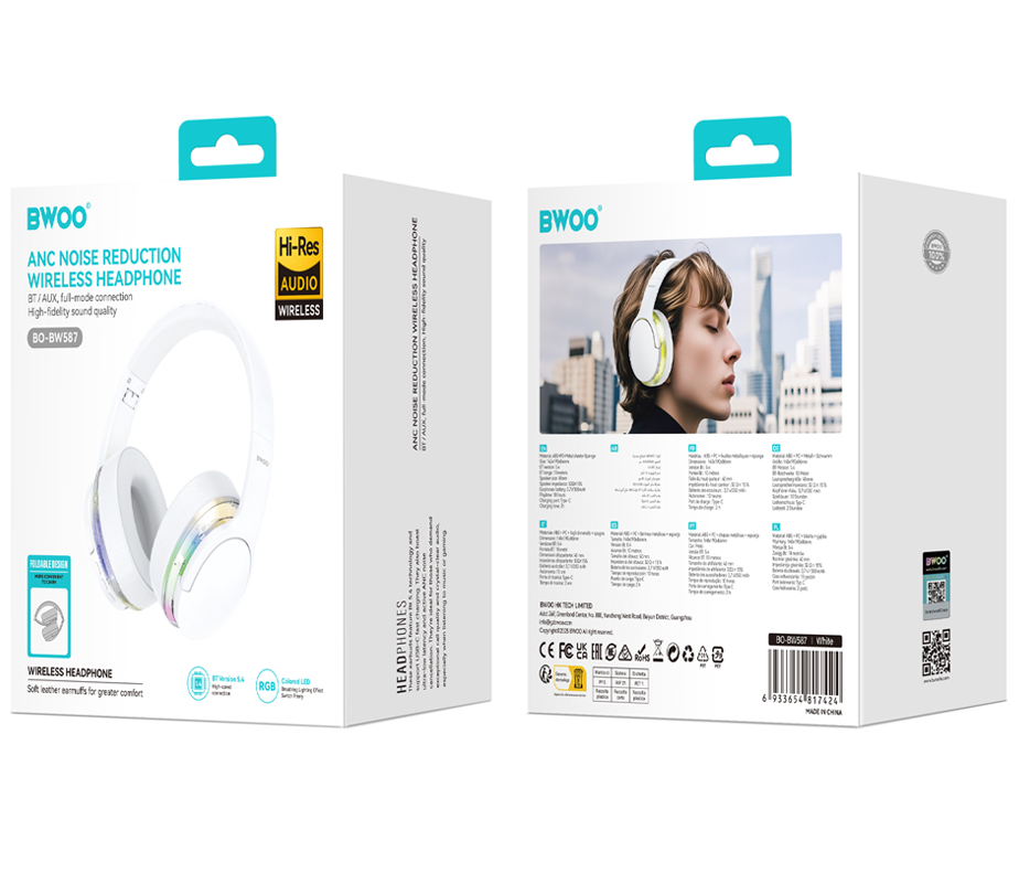 Ασύρματα ακουστικά Bluetooth BWOO BO-BW587, A2DP, ANC, Λευκό