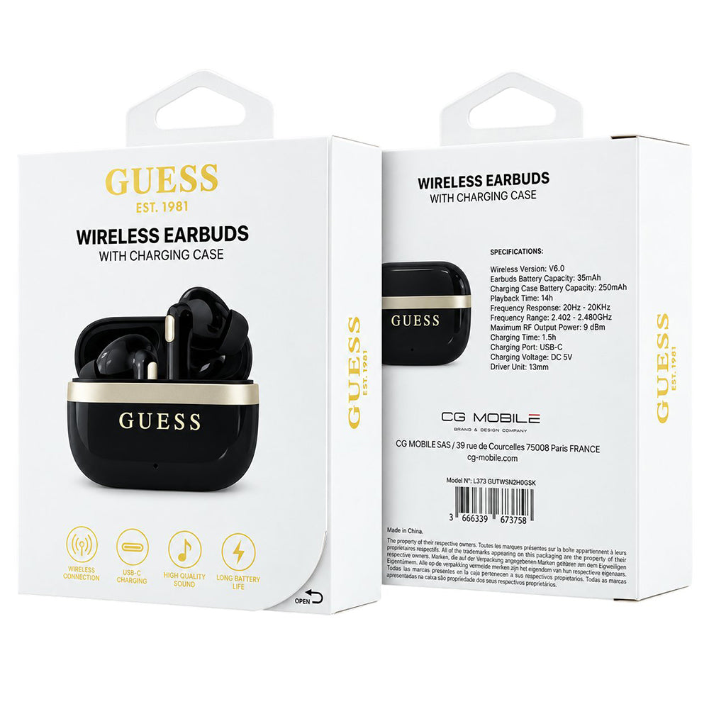 Ασύρματα ακουστικά Bluetooth Guess Glossy Gold Line Printed Classic Logo, TWS, Μαύρα