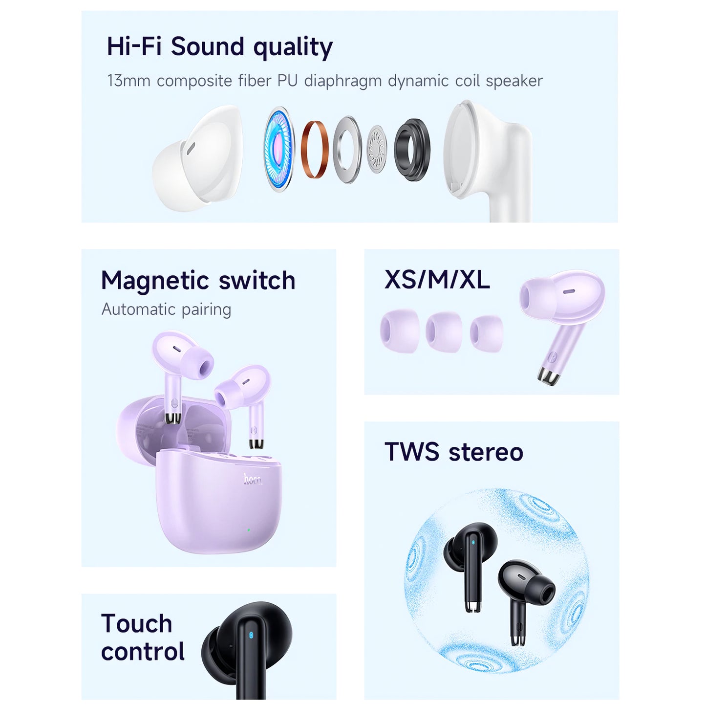 Bluetooth Handsfree Bluetooth HOCO EQ2, TWS, Mov 