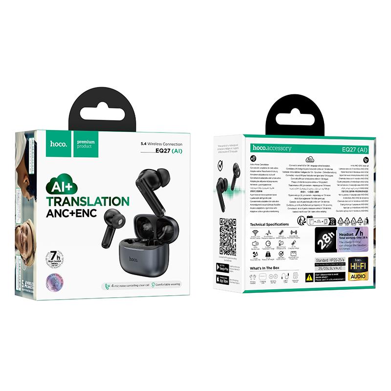 Bluetooth Handsfree HOCO EQ27 AI Translation, TWS, ANC, Gray