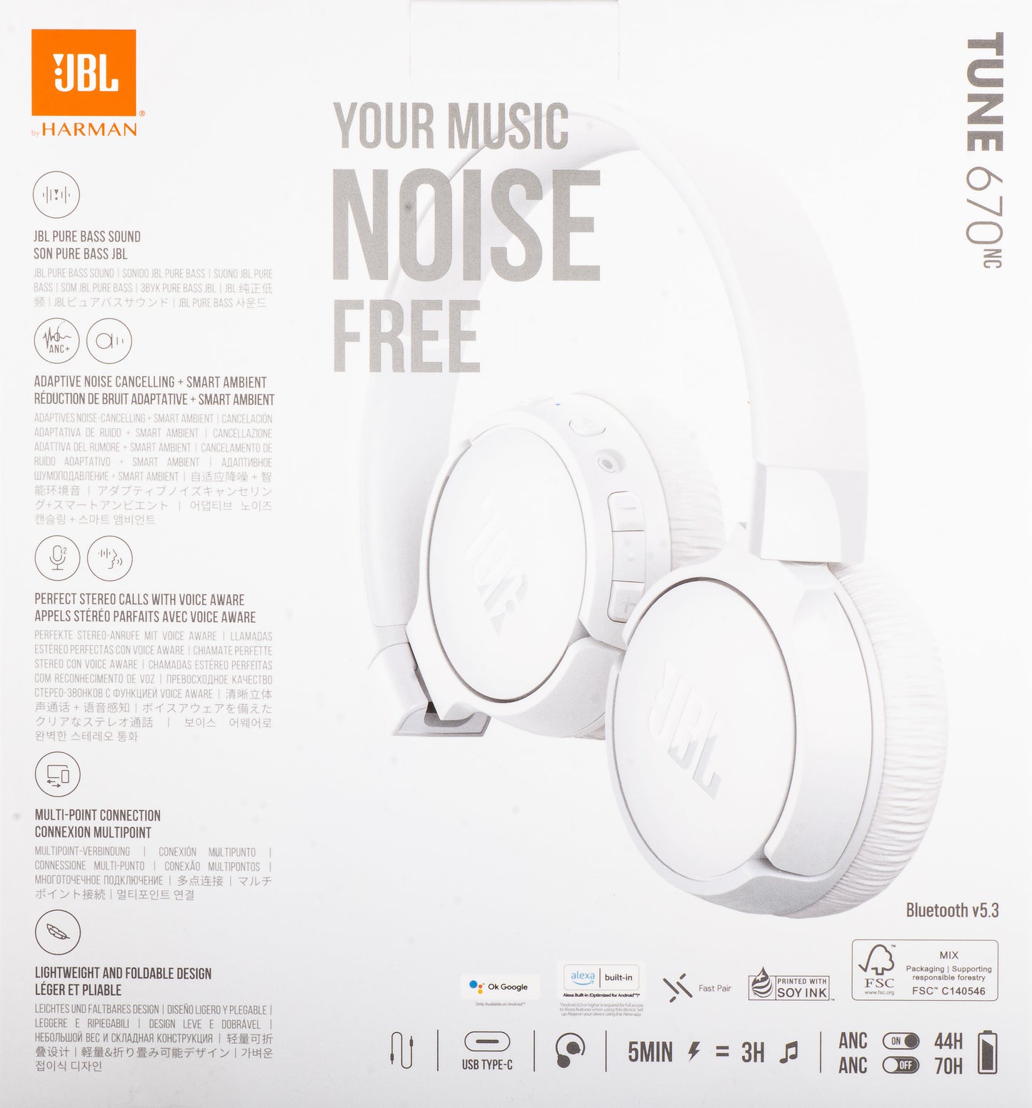 Handsfree Bluetooth JBL Tune 670NC, MultiPoint, A2DP, ANC, Λευκό JBLT670NCWHTAP