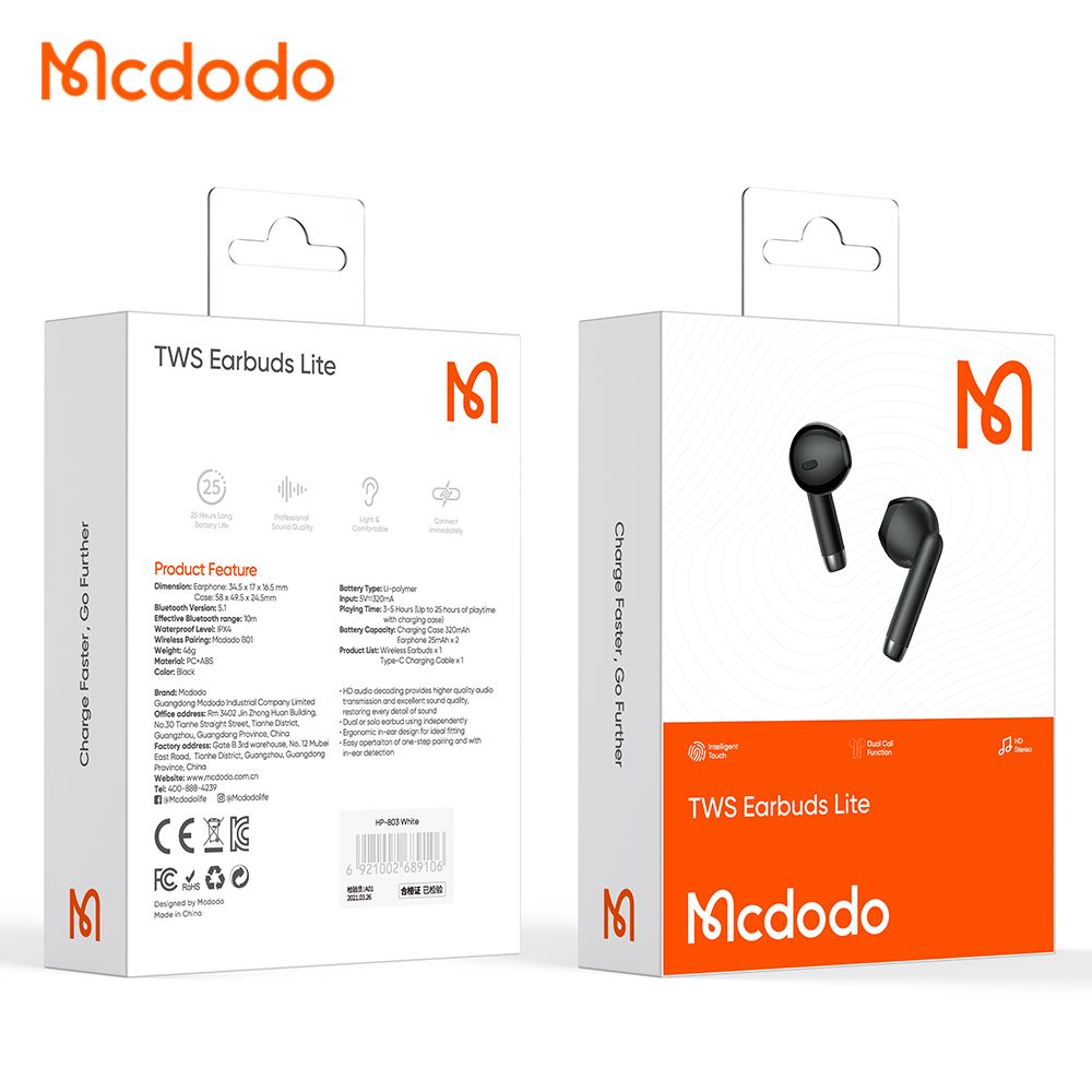 Handsfree Bluetooth McDodo HP-8031 B01, TWS, Μαύρο