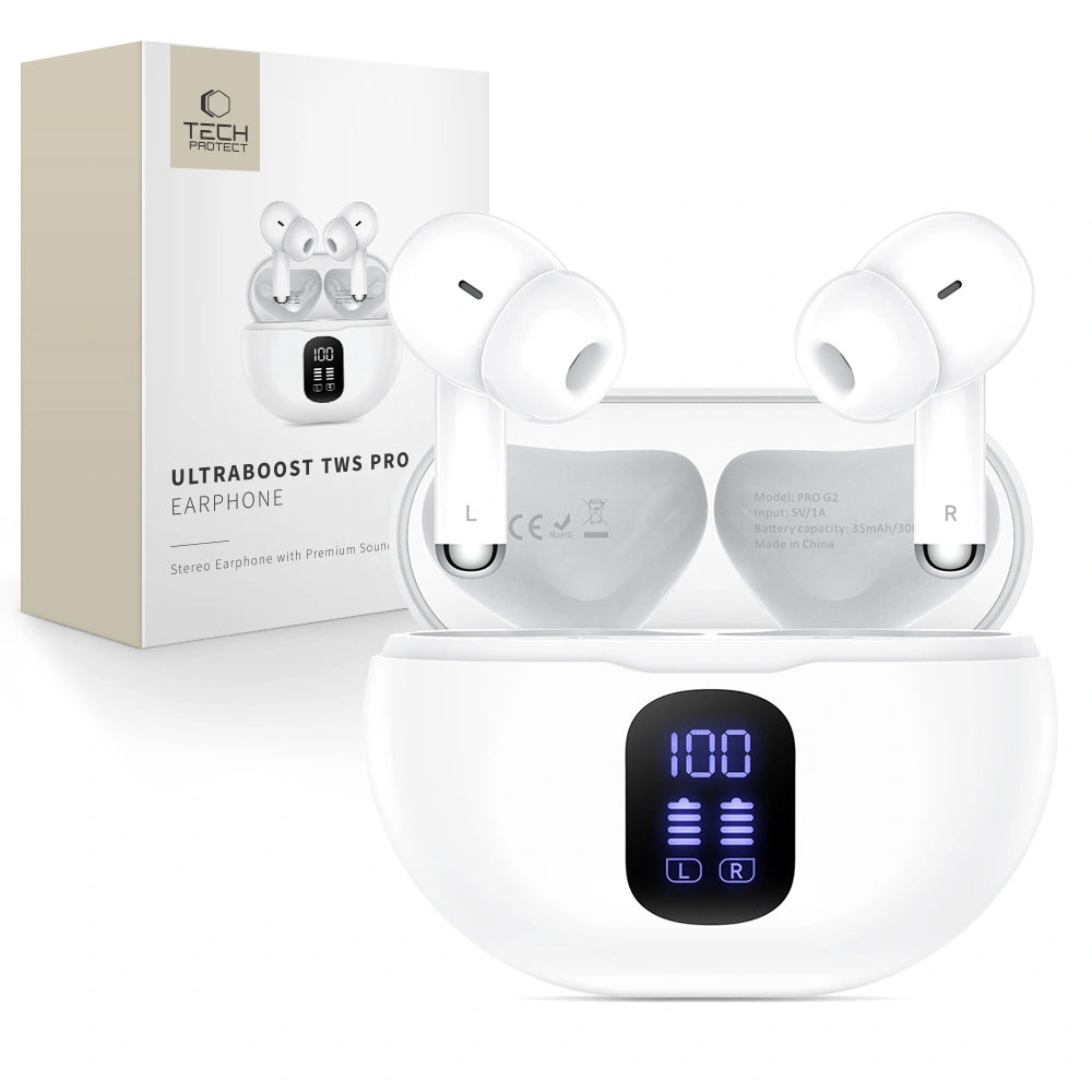 Handsfree Bluetooth Tech-Protect Ultraboost Pro G2, TWS, Λευκό