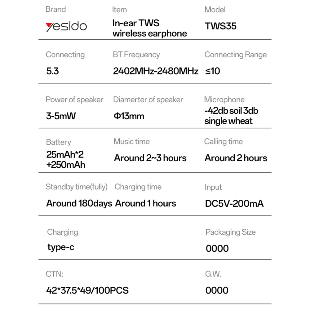 Handsfree Bluetooth Yesido TWS35, TWS, Λευκό
