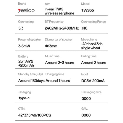 Handsfree Bluetooth Yesido TWS35, TWS, Λευκό