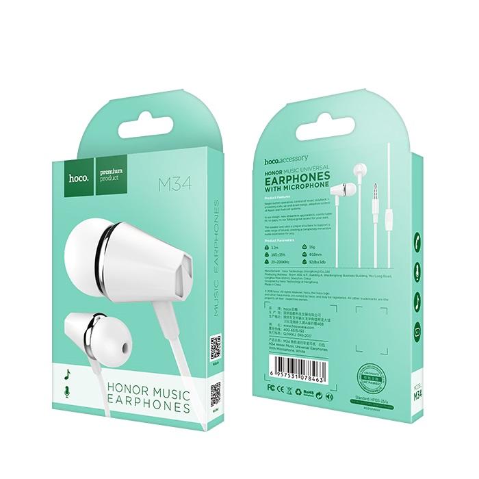Handsfree 3.5mm HOCO M34 Honor Music, Λευκό