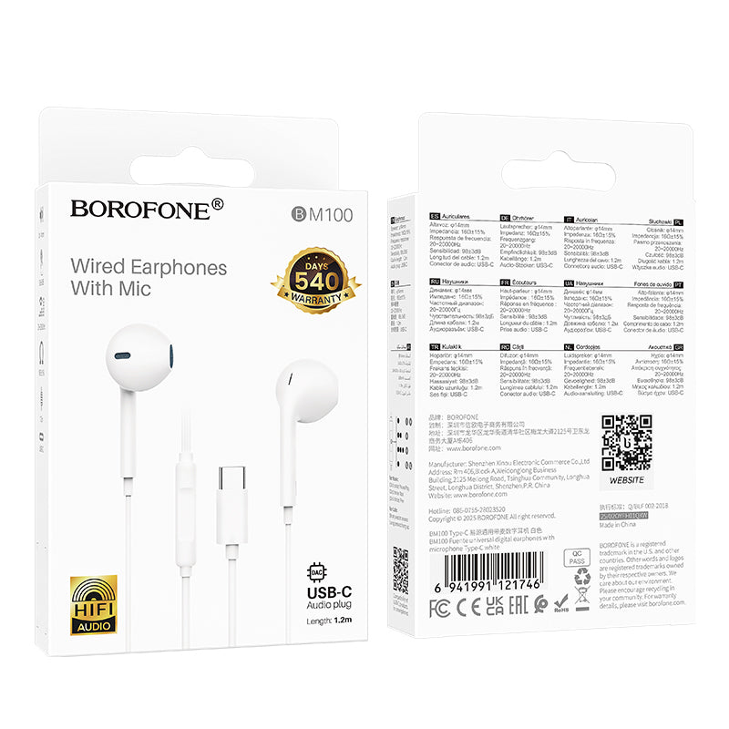Handsfree USB-C Borofone BM100 Fuente, White