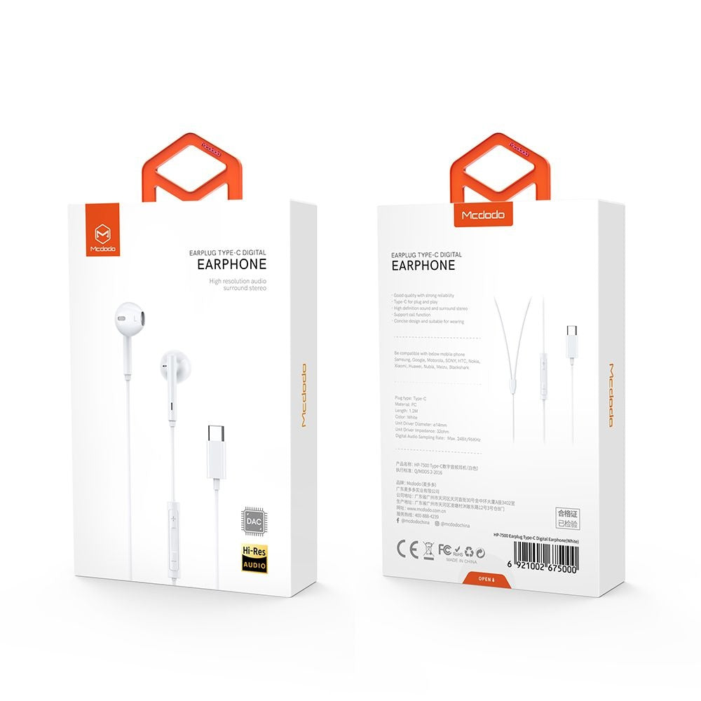 Handsfree USB-C McDodo HP-7500, 1.2m, Λευκό