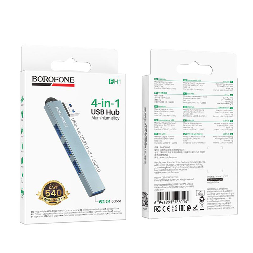 USB Hub Borofone FH1, 4σε1, Γκρι