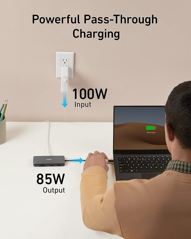 Hub USB-C Anker 555, 2 x USB-A 3.2 - 2 x USB-C - 1 x HDMI - 1 x RJ45 - 1 x SD - 1 x microSD, Γκρι A83830A2