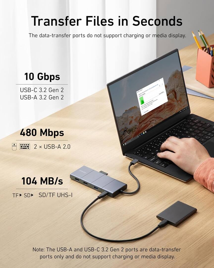 Hub USB-C Anker PowerExpand, 1 x USB-A 3.2 - 2 x USB-A - 2 x USB-C - 1 x Display Port - 1 x HDMI - 1 x Jack 3.5mm - 1 x RJ45 - 1 x SD - 1 x microSD, Γκρι