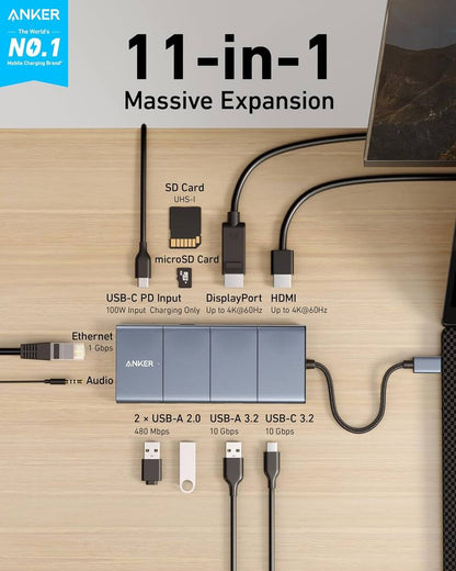 Hub USB-C Anker PowerExpand, 1 x USB-A 3.2 - 2 x USB-A - 2 x USB-C - 1 x Display Port - 1 x HDMI - 1 x Jack 3.5mm - 1 x RJ45 - 1 x SD - 1 x microSD, Γκρι