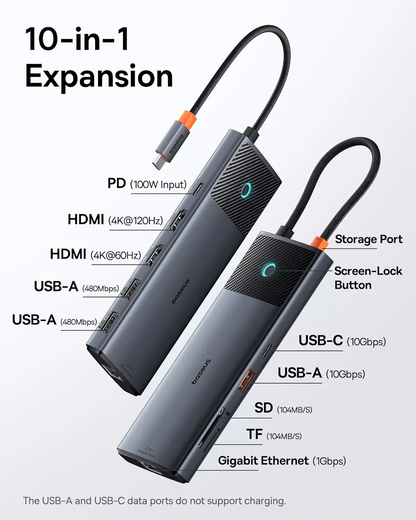 Hub USB-C Baseus Dual Display, 1 x USB-A 3.0 - 2 x USB-A - 2 x USB-C - 2 x HDMI - 1 x RJ45 - 1 x SD - 1 x microSD, Μαύρο B00061800123-01