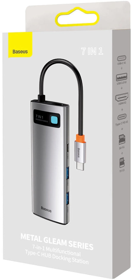 Hub USB-C Baseus Metal Gleam, 2 x USB-A 3.0 - 2 x USB-C - 1 x HDMI - 1 x SD - 1 x microSD, Γκρι WKWG020113