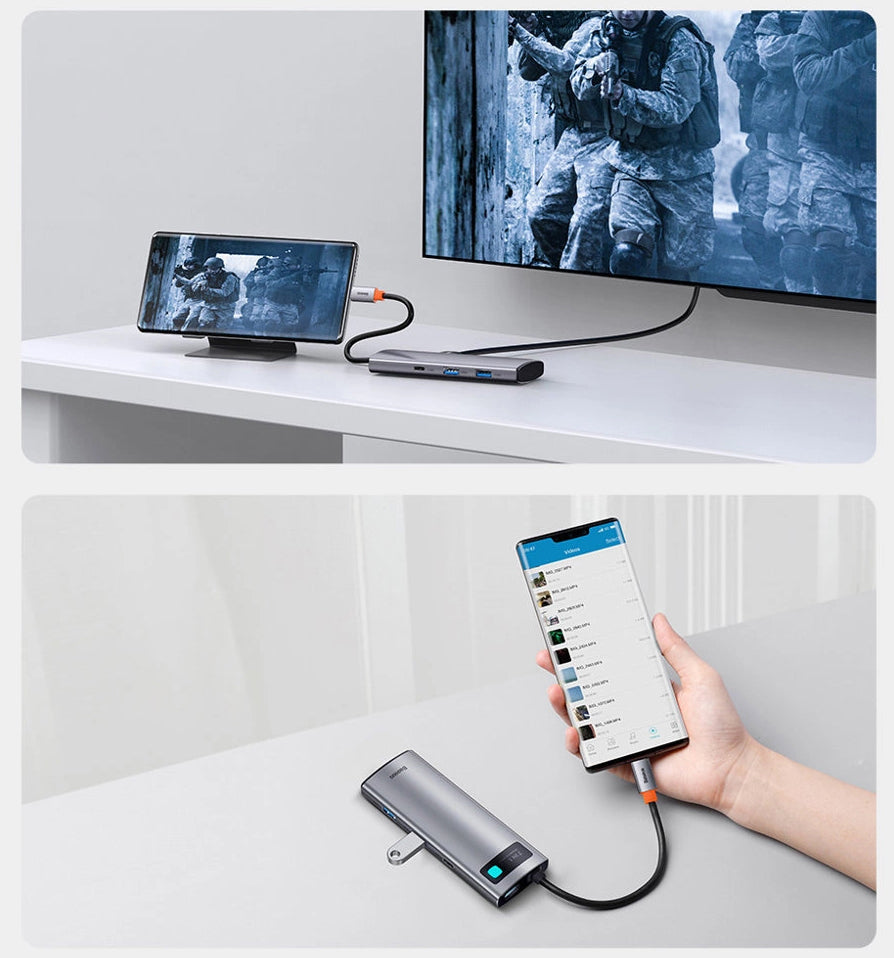 Hub USB-C Baseus Metal Gleam, 2 x USB-A 3.0 - 2 x USB-C - 1 x HDMI - 1 x SD - 1 x microSD, Γκρι WKWG020113