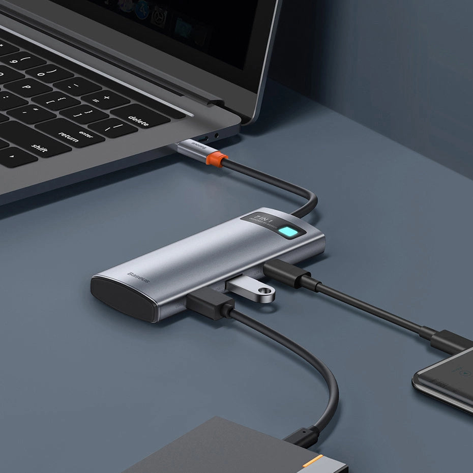 Hub USB-C Baseus Metal Gleam, 2 x USB-A 3.0 - 2 x USB-C - 1 x HDMI - 1 x SD - 1 x microSD, Γκρι WKWG020113