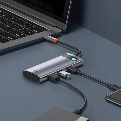 Hub USB-C Baseus Metal Gleam, 2 x USB-A 3.0 - 2 x USB-C - 1 x HDMI - 1 x SD - 1 x microSD, Γκρι WKWG020113