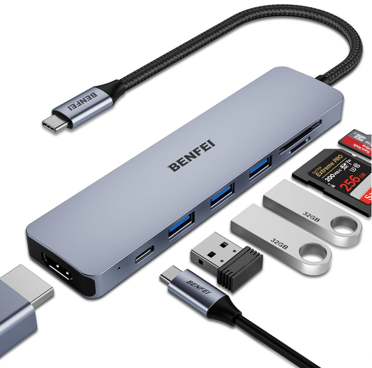 Hub USB-C Benfei, 3 x USB-A 3.0 - 1 x USB-C - 1 x HDMI - 1 x SD - 1 x microSD, Γκρι