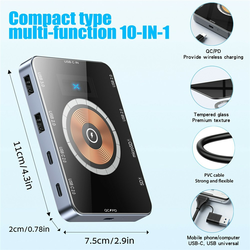 Hub USB-C με Ασύρματη Φόρτιση QI OEM YC7209, 10σε1, Γκρι