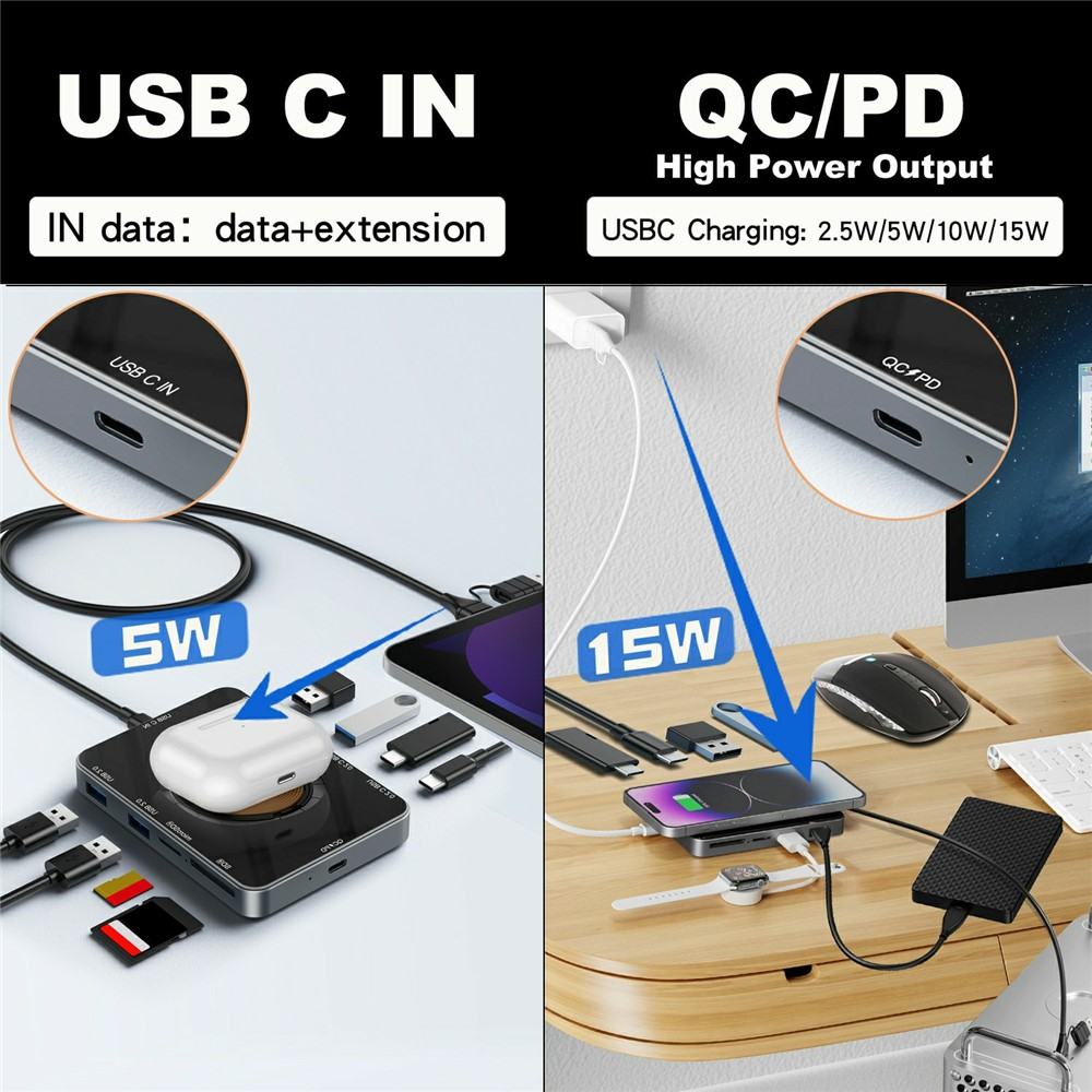 Hub USB-C με Ασύρματη Φόρτιση QI OEM YC7209, 10σε1, Γκρι