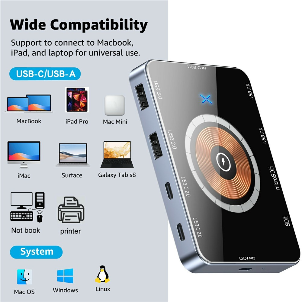 Hub USB-C με Ασύρματη Φόρτιση QI OEM YC7209, 10σε1, Γκρι