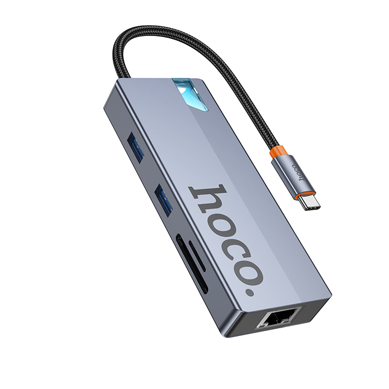 Hub USB-C HOCO HB52, 2 x USB-A 3.0 - 2 x USB-C - 1 x HDMI - 1 x RJ45 - 1 x SD - 1 x microSD, Γκρι