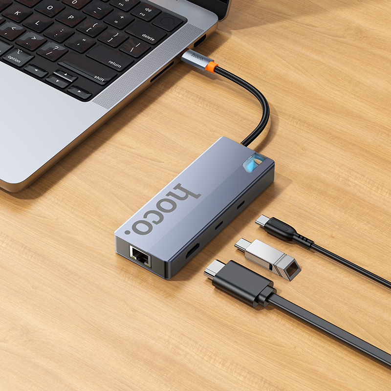 Hub USB-C HOCO HB52, 2 x USB-A 3.0 - 2 x USB-C - 1 x HDMI - 1 x RJ45 - 1 x SD - 1 x microSD, Γκρι