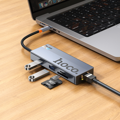 Hub USB-C HOCO HB52, 2 x USB-A 3.0 - 2 x USB-C - 1 x HDMI - 1 x RJ45 - 1 x SD - 1 x microSD, Γκρι