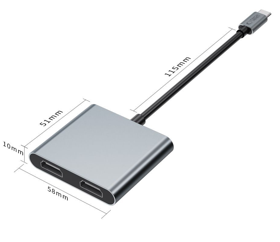 Hub USB-C Tech-Protect HB08, 1 x USB-A - 1 x USB-C - 2 x HDMI, Γκρι