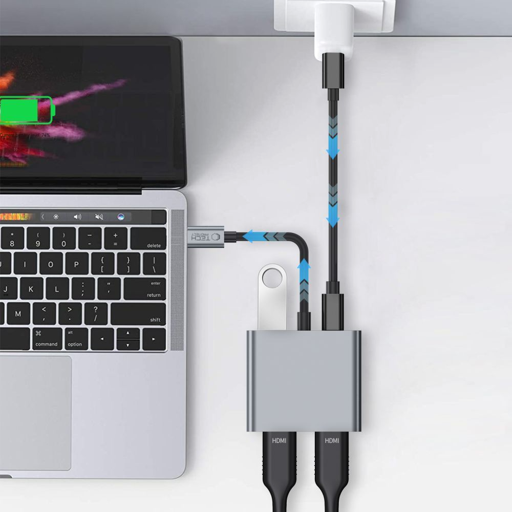 Hub USB-C Tech-Protect HB08, 1 x USB-A - 1 x USB-C - 2 x HDMI, Γκρι