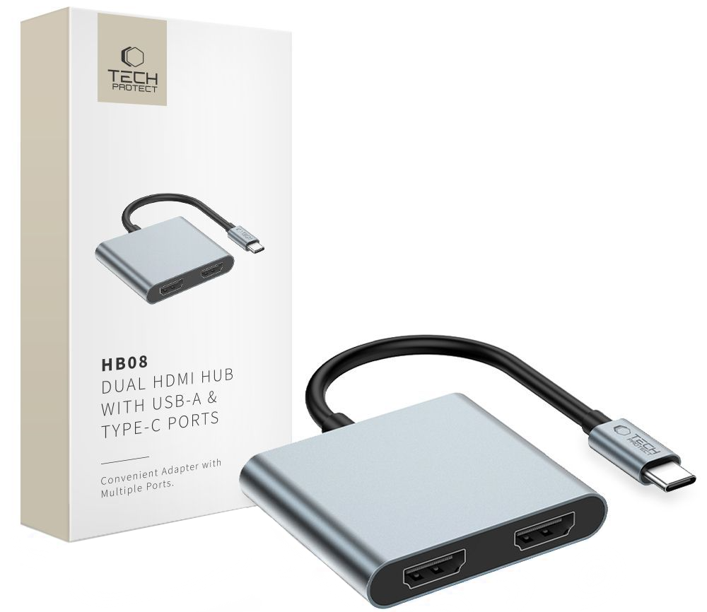 Hub USB-C Tech-Protect HB08, 1 x USB-A - 1 x USB-C - 2 x HDMI, Γκρι