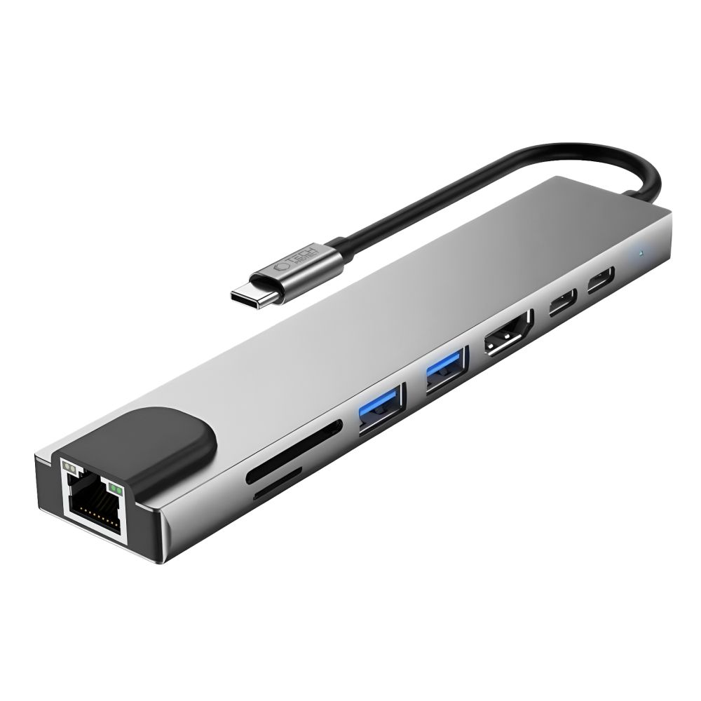 Hub USB-C Tech-Protect HB09, 2 x USB-A 3.0 - 2 x USB-C - 1 x HDMI - 1 x RJ45 - 1 x SD - 1 x microSD, Γκρι