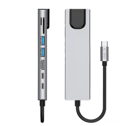 Hub USB-C Tech-Protect HB09, 2 x USB-A 3.0 - 2 x USB-C - 1 x HDMI - 1 x RJ45 - 1 x SD - 1 x microSD, Γκρι