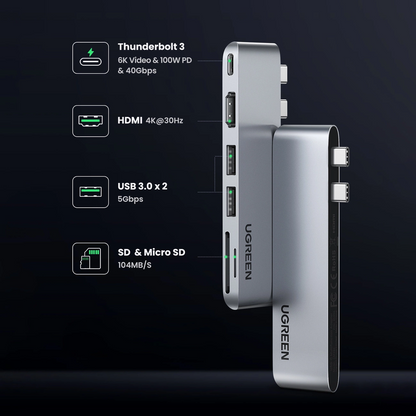 Hub USB-C UGREEN CM380 (80856) για Apple MacBook Pro / Air Series, 2 x USB-A 3.0 - 1 x USB-C - 1 x HDMI - 1 x SD - 1 x microSD