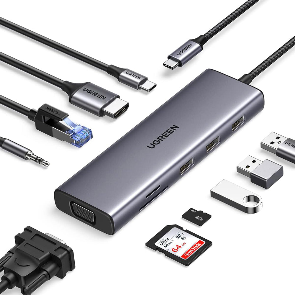 Hub USB-C UGREEN CM498 (15601), 3 x USB-A 3.0 - 1 x USB-C - 1 x HDMI - 1 x VGA - 1 x Jack 3.5mm - 1 x RJ45 - 1 x SD - 1 x microSD, Γκρι