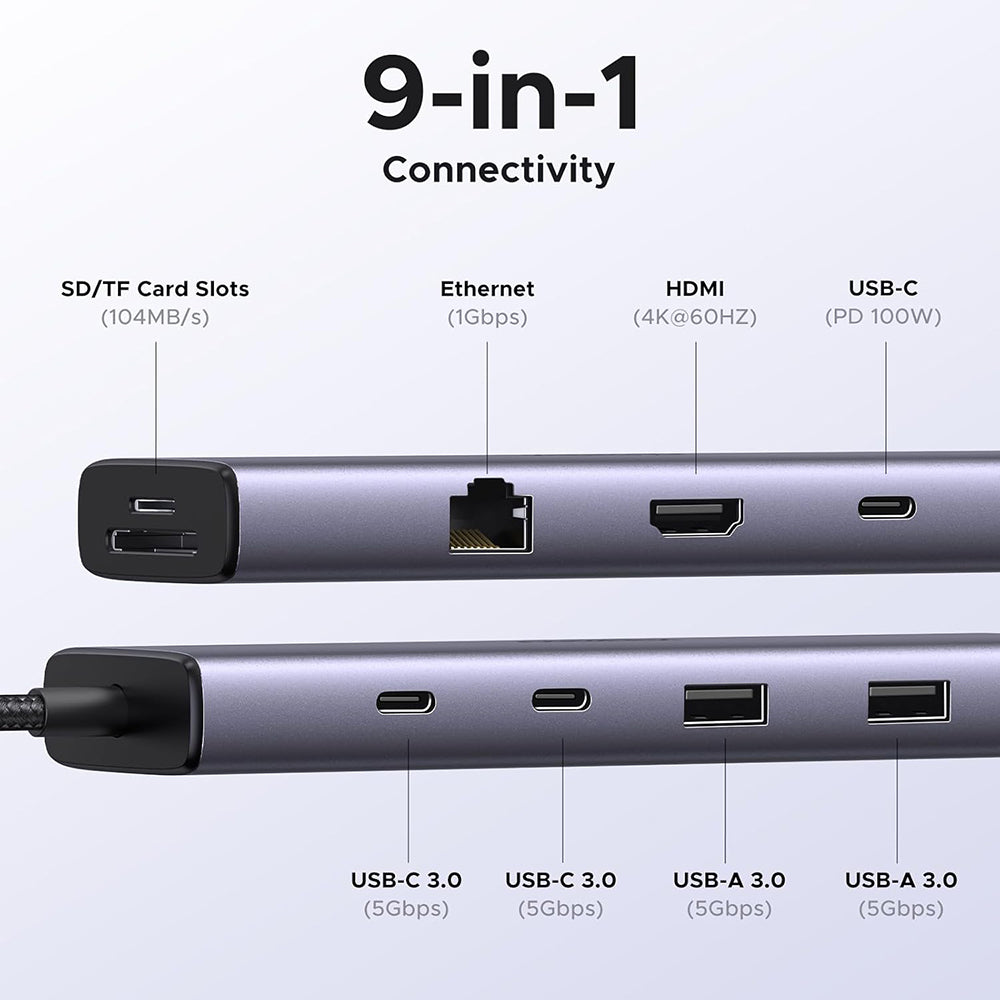 Hub USB-C UGREEN CM498 (15375), 2 x USB-A - 3 x USB-C - 1 x HDMI - 1 x RJ45 - 1 x SD - 1 x microSD, Γκρι
