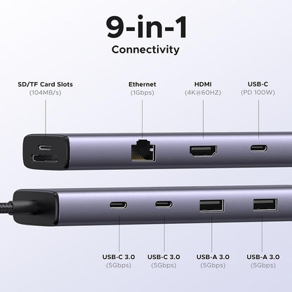 Hub USB-C UGREEN CM498 (15375), 2 x USB-A - 3 x USB-C - 1 x HDMI - 1 x RJ45 - 1 x SD - 1 x microSD, Γκρι