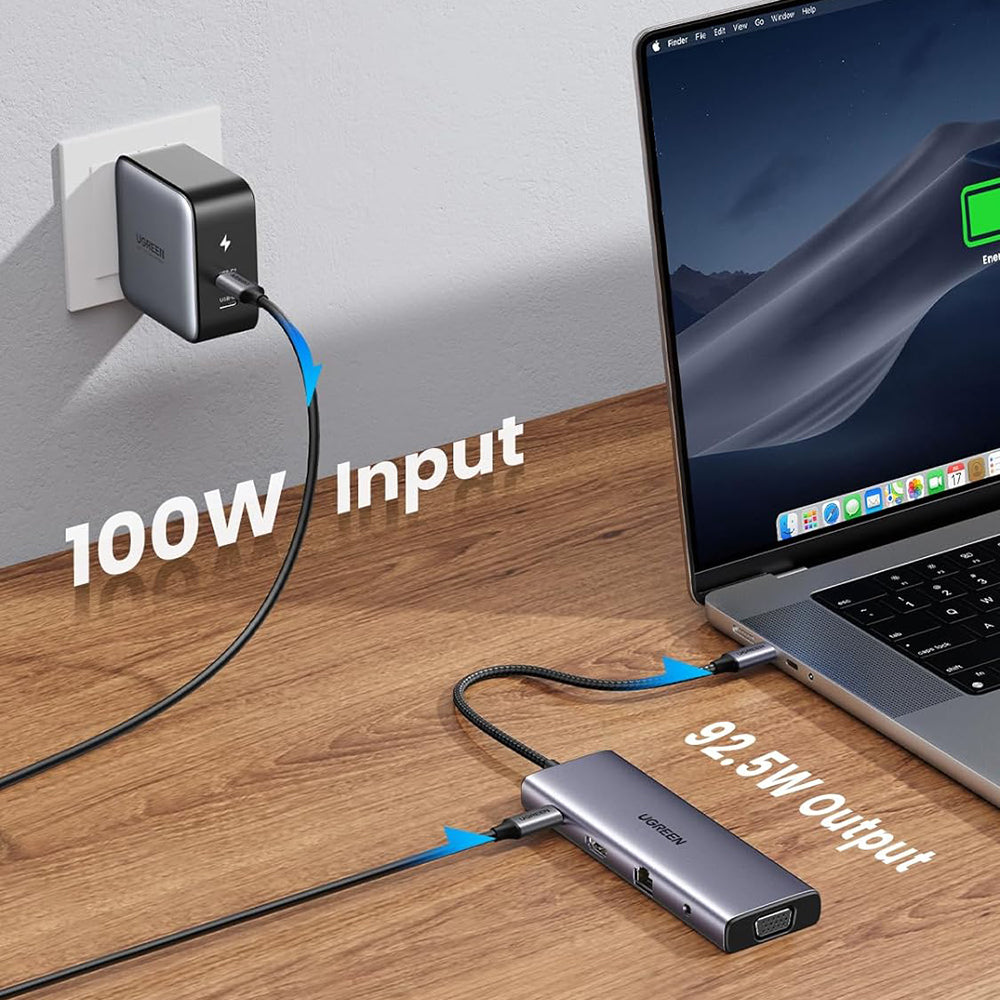 Hub USB-C UGREEN CM498 (15601), 3 x USB-A 3.0 - 1 x USB-C - 1 x HDMI - 1 x VGA - 1 x Jack 3.5mm - 1 x RJ45 - 1 x SD - 1 x microSD, Γκρι