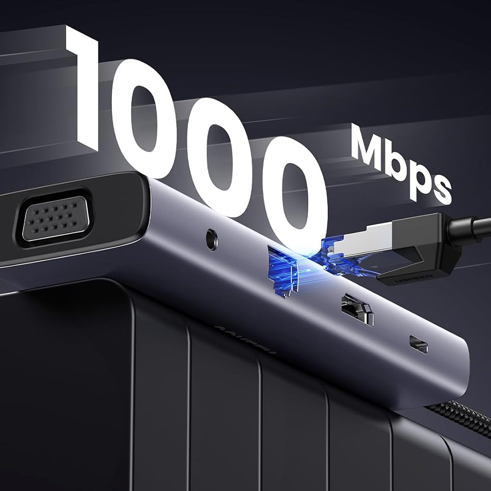 Hub USB-C UGREEN CM498 (15601), 3 x USB-A 3.0 - 1 x USB-C - 1 x HDMI - 1 x VGA - 1 x Jack 3.5mm - 1 x RJ45 - 1 x SD - 1 x microSD, Γκρι