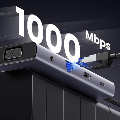 Hub USB-C UGREEN CM498 (15601), 3 x USB-A 3.0 - 1 x USB-C - 1 x HDMI - 1 x VGA - 1 x Jack 3.5mm - 1 x RJ45 - 1 x SD - 1 x microSD, Γκρι