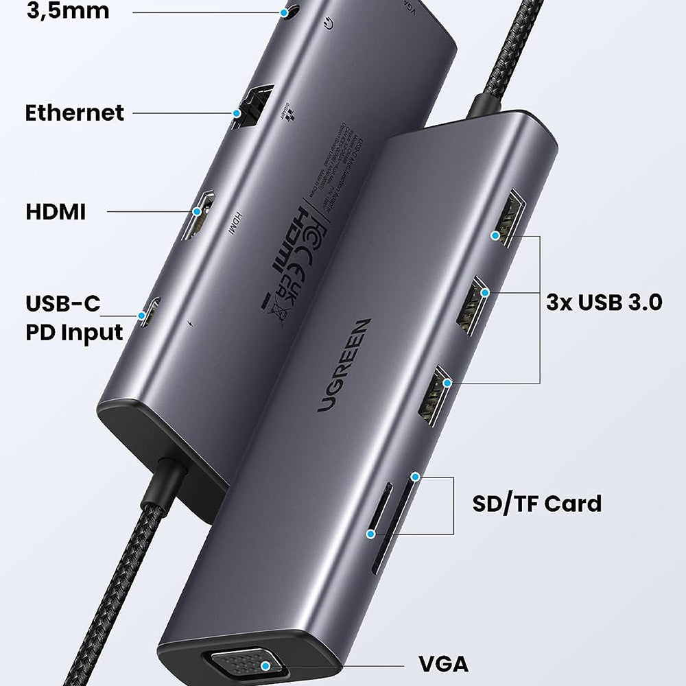 Hub USB-C UGREEN CM498 (15601), 3 x USB-A 3.0 - 1 x USB-C - 1 x HDMI - 1 x VGA - 1 x Jack 3.5mm - 1 x RJ45 - 1 x SD - 1 x microSD, Γκρι