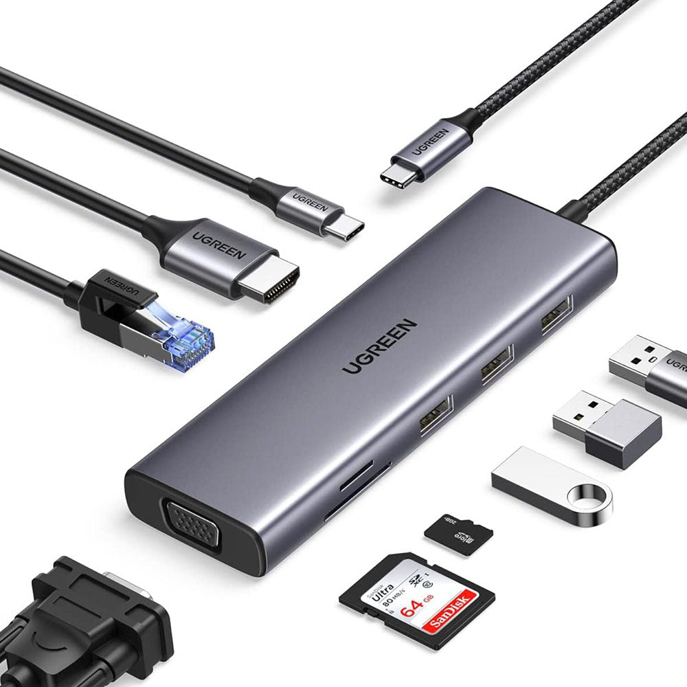 Hub USB-C UGREEN CM498 (15600), 3 x USB-A 3.0 - 1 x USB-C - 1 x HDMI - 1 x VGA - 1 x RJ45 - 1 x SD - 1 x microSD, Γκρι