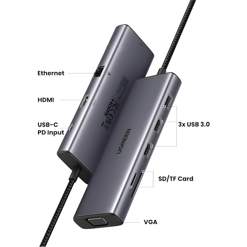Hub USB-C UGREEN CM498 (15600), 3 x USB-A 3.0 - 1 x USB-C - 1 x HDMI - 1 x VGA - 1 x RJ45 - 1 x SD - 1 x microSD, Γκρι