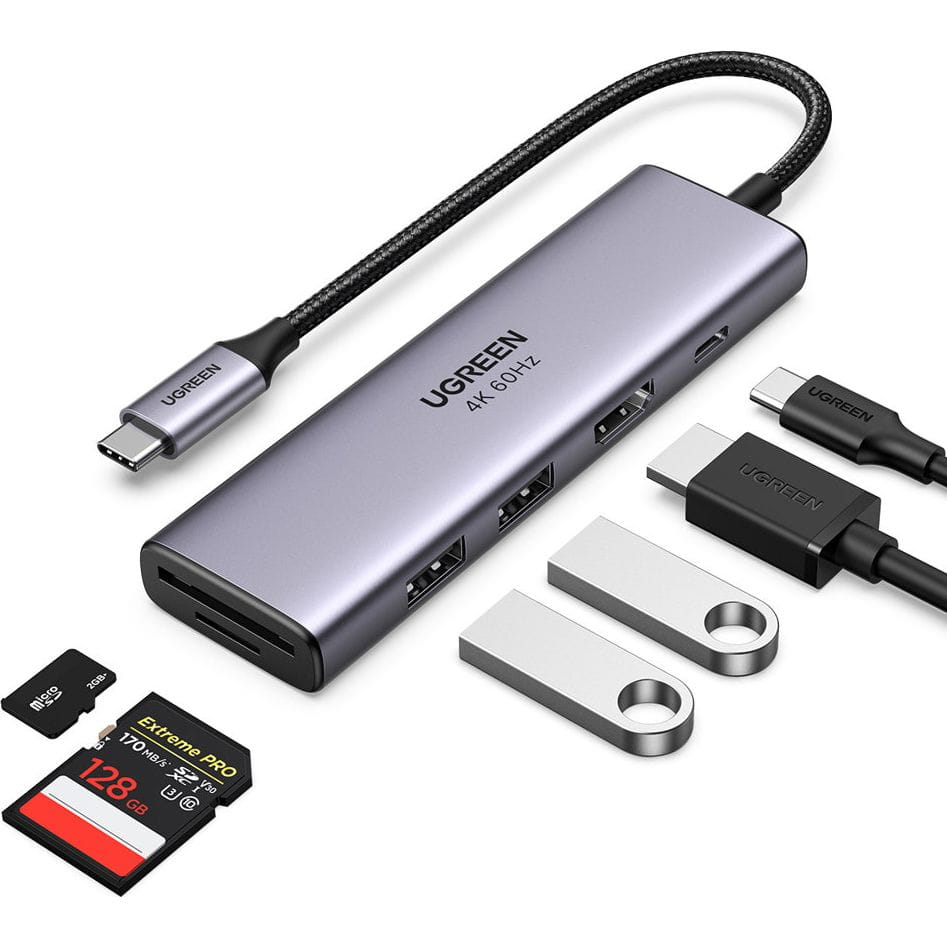 Hub USB-C UGREEN CM511 (60384), 2 x USB-A 3.0 - 1 x USB-C - 1 x HDMI - 1 x SD - 1 x microSD, Γκρι