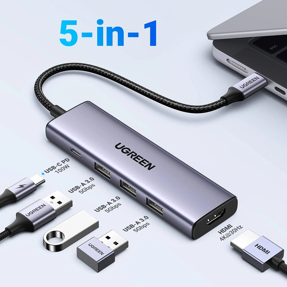 Hub USB-C UGREEN CM511 (15596), 3 x USB-A 3.0 - 1 x USB-C - 1 x HDMI, Γκρι