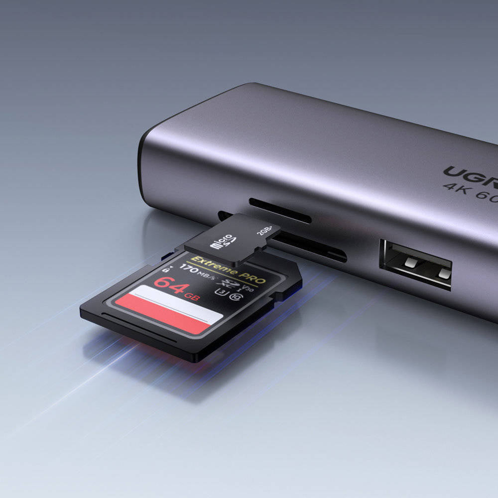 Hub USB-C UGREEN CM512 (60515), 2 x USB-A 3.0 - 1 x USB-C - 1 x HDMI - 1 x SD - 1 x microSD - 1 x RJ45, Γκρι