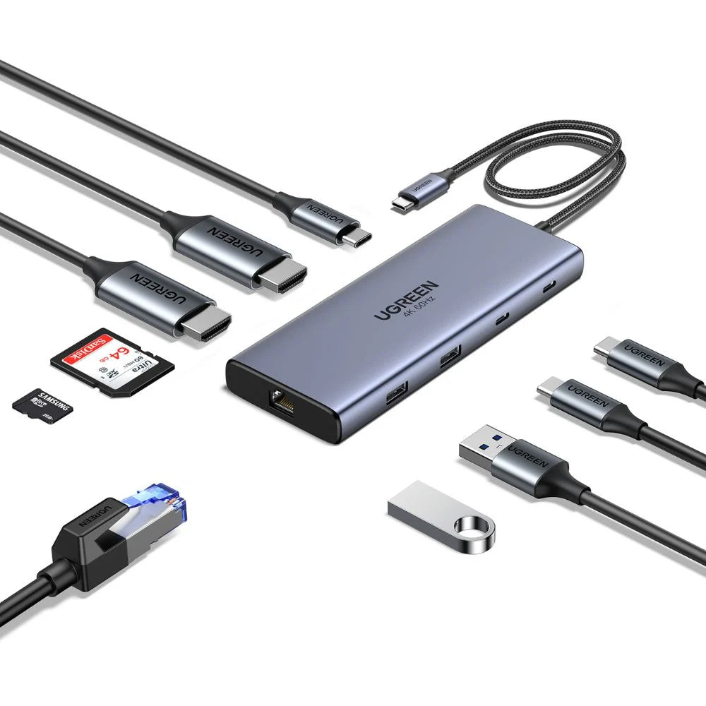 Hub USB-C UGREEN CM639 (45380), 2 x USB-A 3.2 - 3 x USB-C - 2 x HDMI - 1 x RJ45 - 1 x SD - 1 x microSD, Γκρι