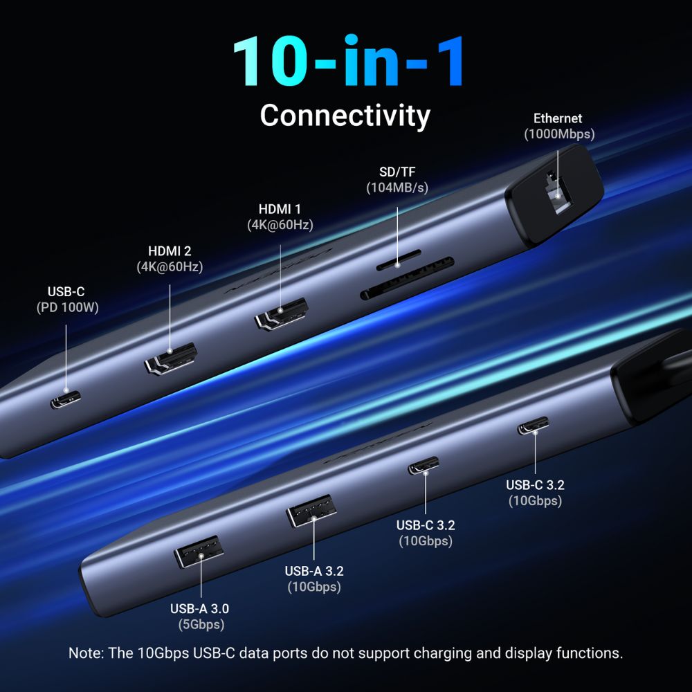 Hub USB-C UGREEN CM639 (45380), 2 x USB-A 3.2 - 3 x USB-C - 2 x HDMI - 1 x RJ45 - 1 x SD - 1 x microSD, Γκρι