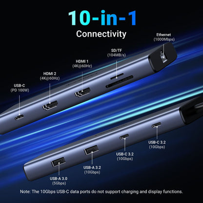 Hub USB-C UGREEN CM639 (45380), 2 x USB-A 3.2 - 3 x USB-C - 2 x HDMI - 1 x RJ45 - 1 x SD - 1 x microSD, Γκρι